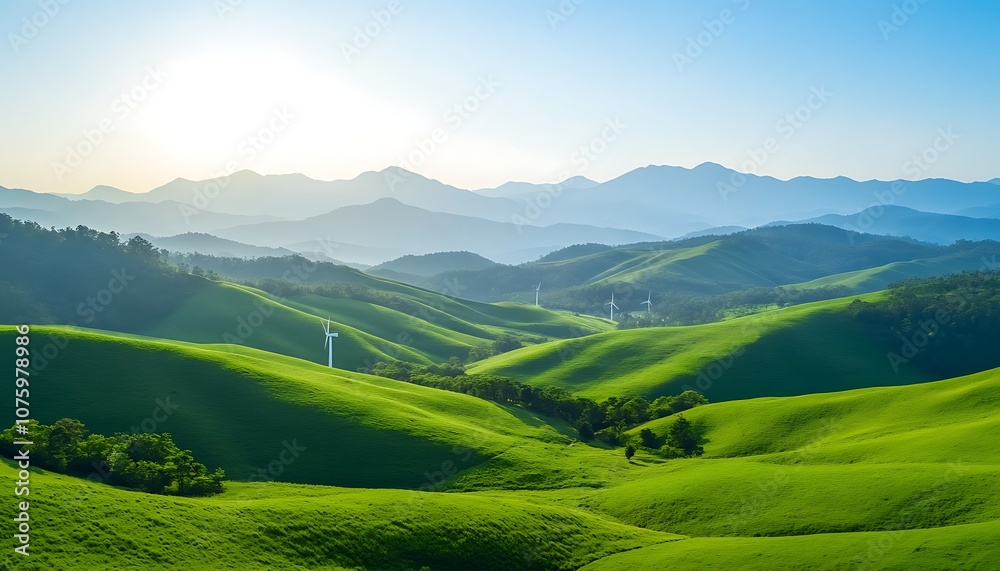 A serene landscape featuring rolling green hills, distant mountains, and a clear blue sky illuminated by the sun. A serene landscape featuring rolling green hills, distant mountains, and a clear blue sky illuminated by the sun.