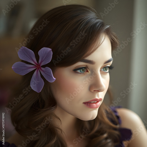 Una encantadora y sensible chica de pelo negro con una linda flor morada en el pelo photo