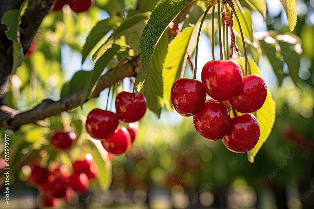 Cherries maturing on tree Cherries maturing on tree