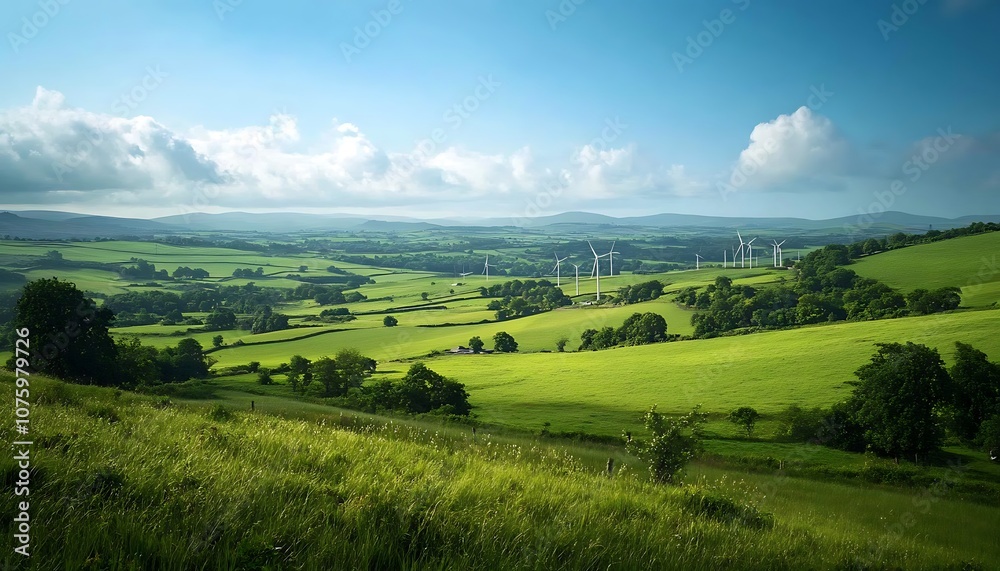 Fototapeta premium A lush, green landscape under a blue sky with clouds, featuring rolling hills and distant wind turbines.