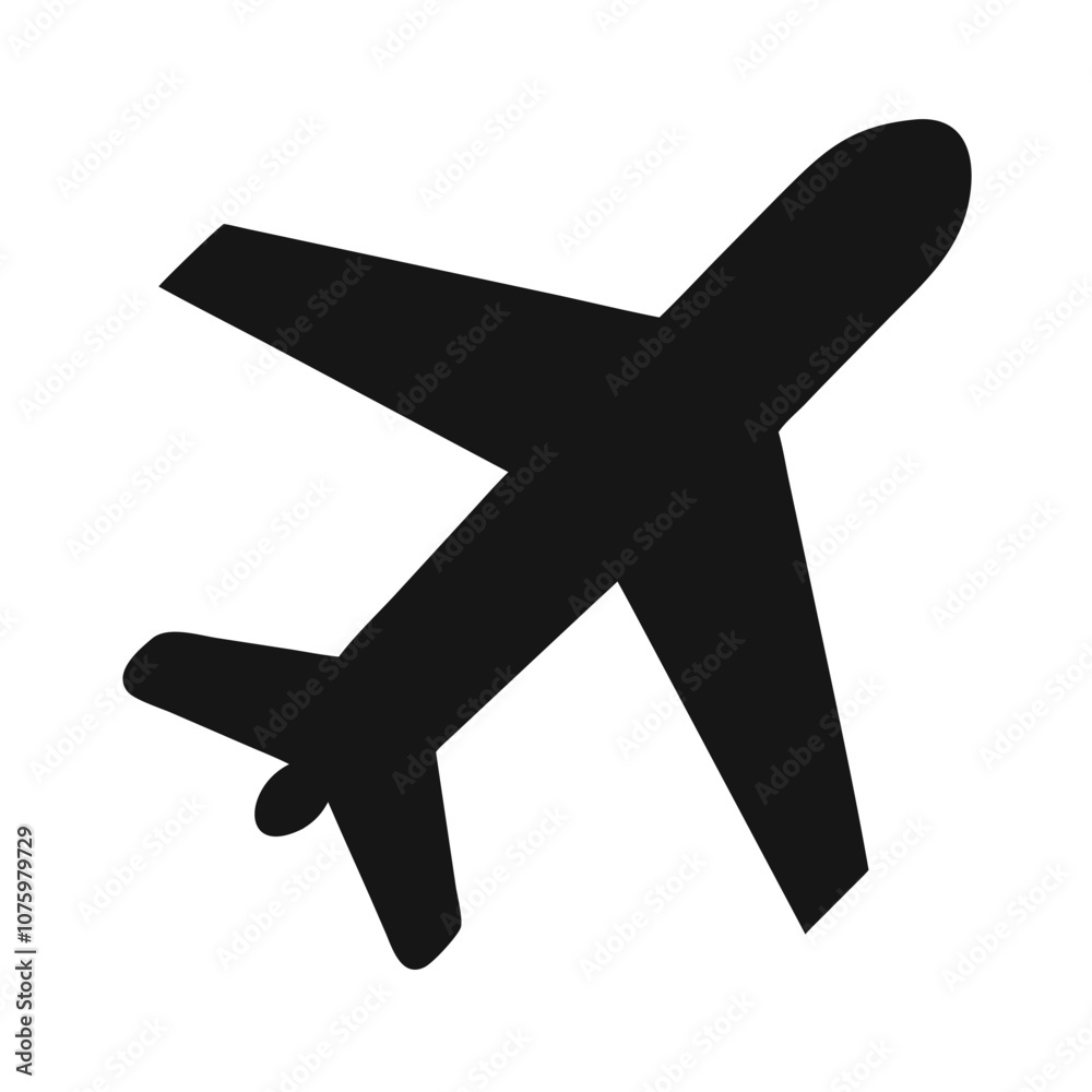 Black airplane silhouette icon, Vector illustration of a black silhouette of an airplane viewed from above, representing air travel, aviation, and transportation.
Black airplane silhouette icon, Vector illustration of a black silhouette of an airplane viewed from above, representing air travel, aviation, and transportation.