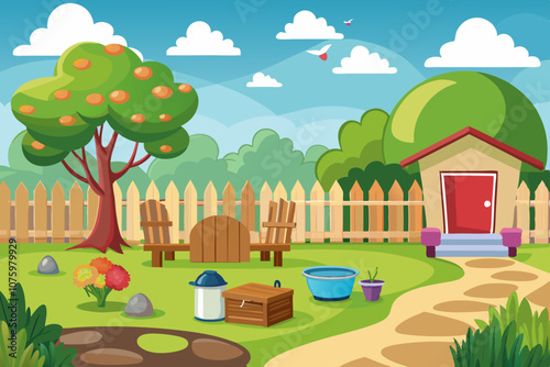 Scene of backyard with a fence illustration