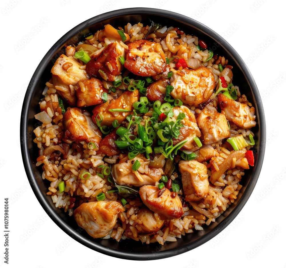 Black bowl with rice with chicken isolated on transparent background, rice wok Black bowl with rice with chicken isolated on transparent background, rice wok