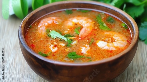 Delicious and Spicy Shrimp Soup with Fresh Herbs and Vibrant Ingredients in a Wooden Bowl on a Natural Wooden Surface