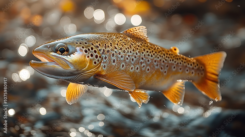 A brown trout swims through clear water with a bright, golden hue. A brown trout swims through clear water with a bright, golden hue.