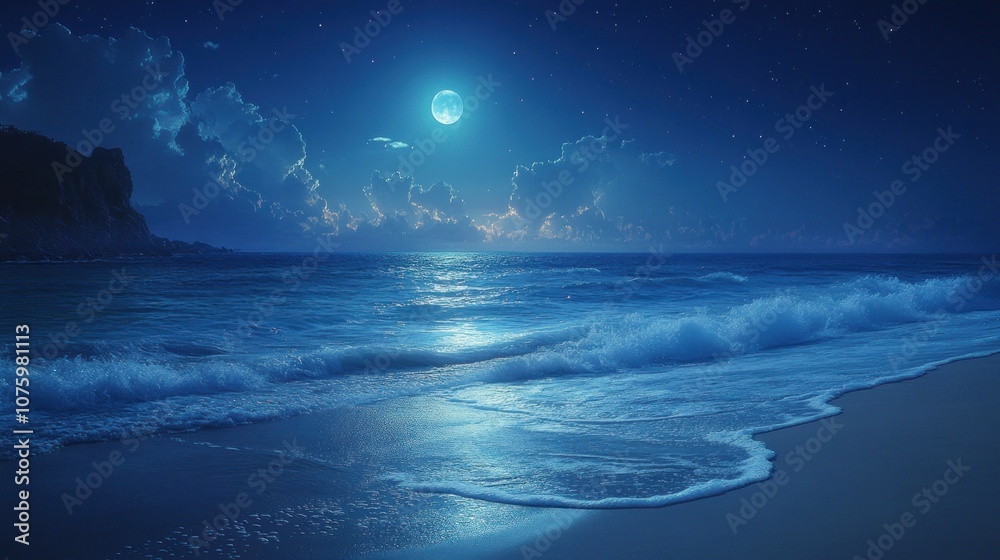 Fototapeta premium Nighttime Seascape with Full Moon
