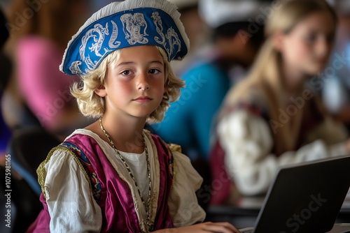  A group of students working on a multimedia project about historical figures using AI tools on their laptops 