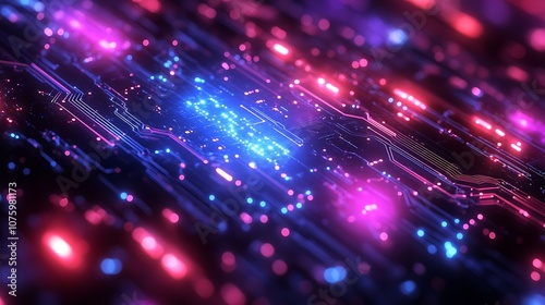 Abstract digital circuit board with glowing neon lights.