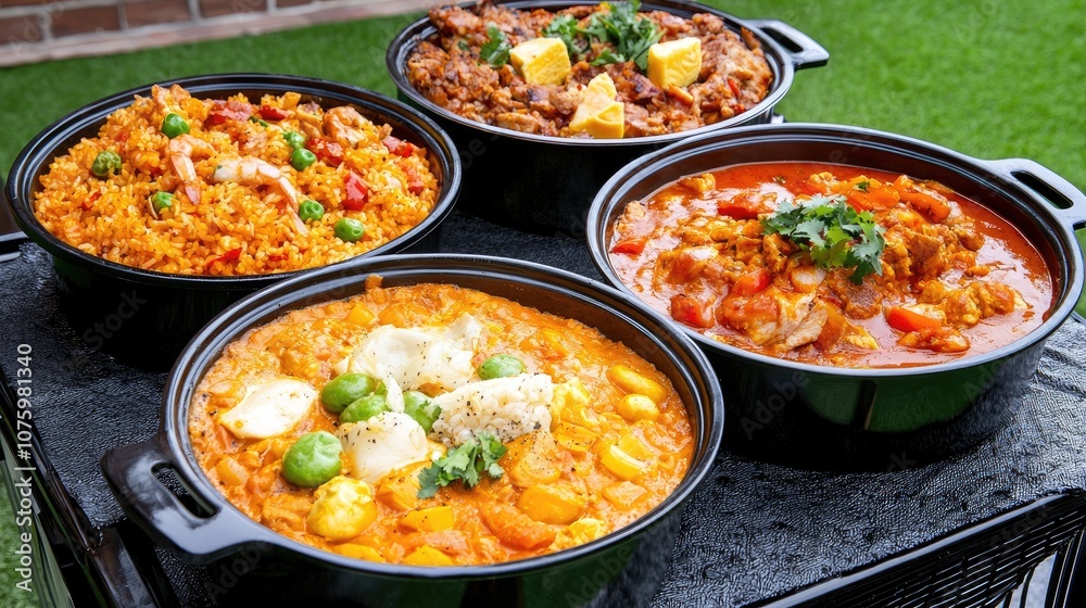 Colorful Array of Traditional Dishes Served in Black Bowls on a Rustic Outdoor Table with Lush Green Grass in the Background Colorful Array of Traditional Dishes Served in Black Bowls on a Rustic Outdoor Table with Lush Green Grass in the Background