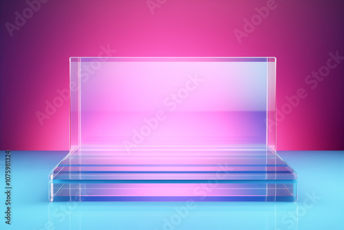 Bright colourful abstract background made by transparent and ribbed acrylic glass. Empty showcase for makeup and cosmetics product commercial. Podium for new package demonstration and advertisement -