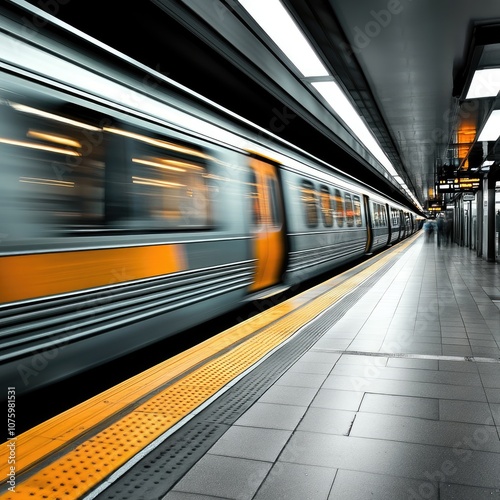 High-Speed Train in Motion on Urban Platform with Blurred Passengers and Striking Yellow Line, Illustrating Modern Transportation and City Life