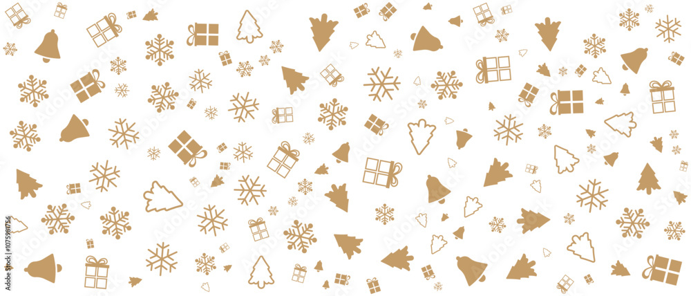 Fototapeta premium christmas background pattern golden color pine tree snowflakes gifts bells