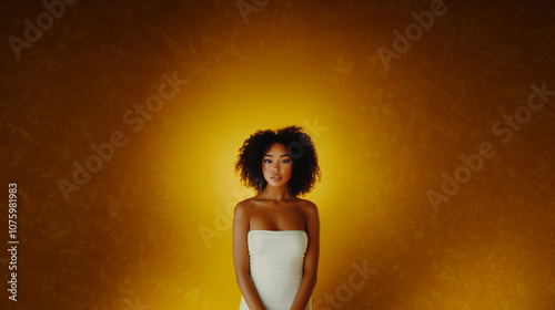 Portrait of a beautiful woman in a strapless white tube dress standing against a rich yellow background modeling shot. photo