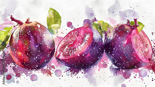 Mangosteen pieces of fruit Watercolor photo