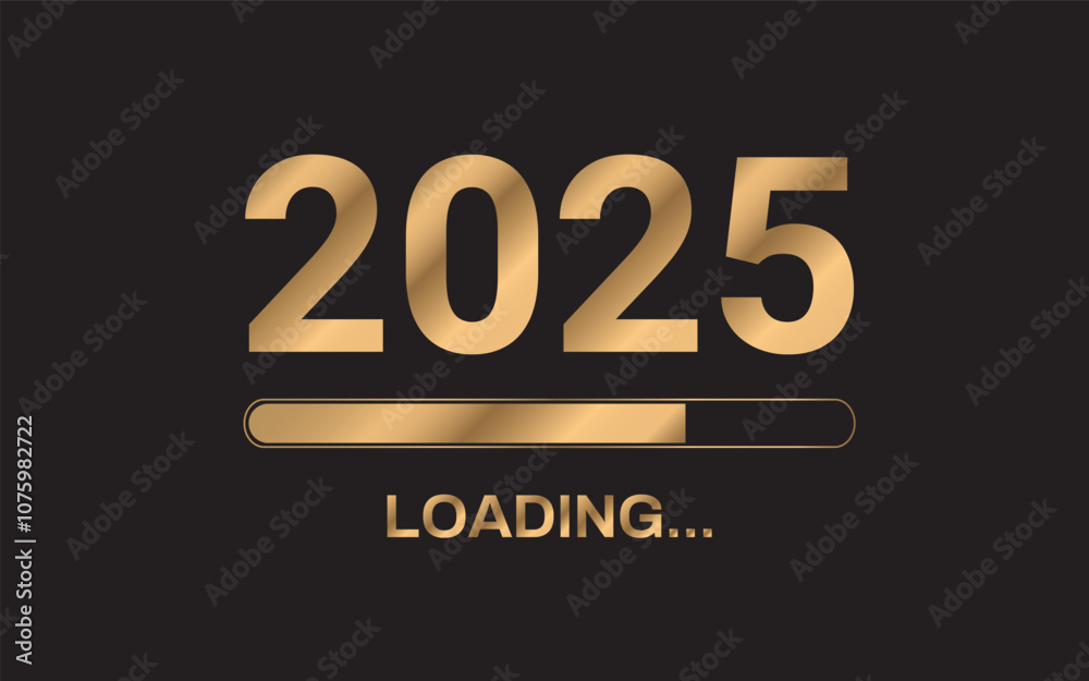 Happy new year. 2025 loading. Gold number 2025 isolated on black background. Vector illustration. Happy new year. 2025 loading. Gold number 2025 isolated on black background. Vector illustration.