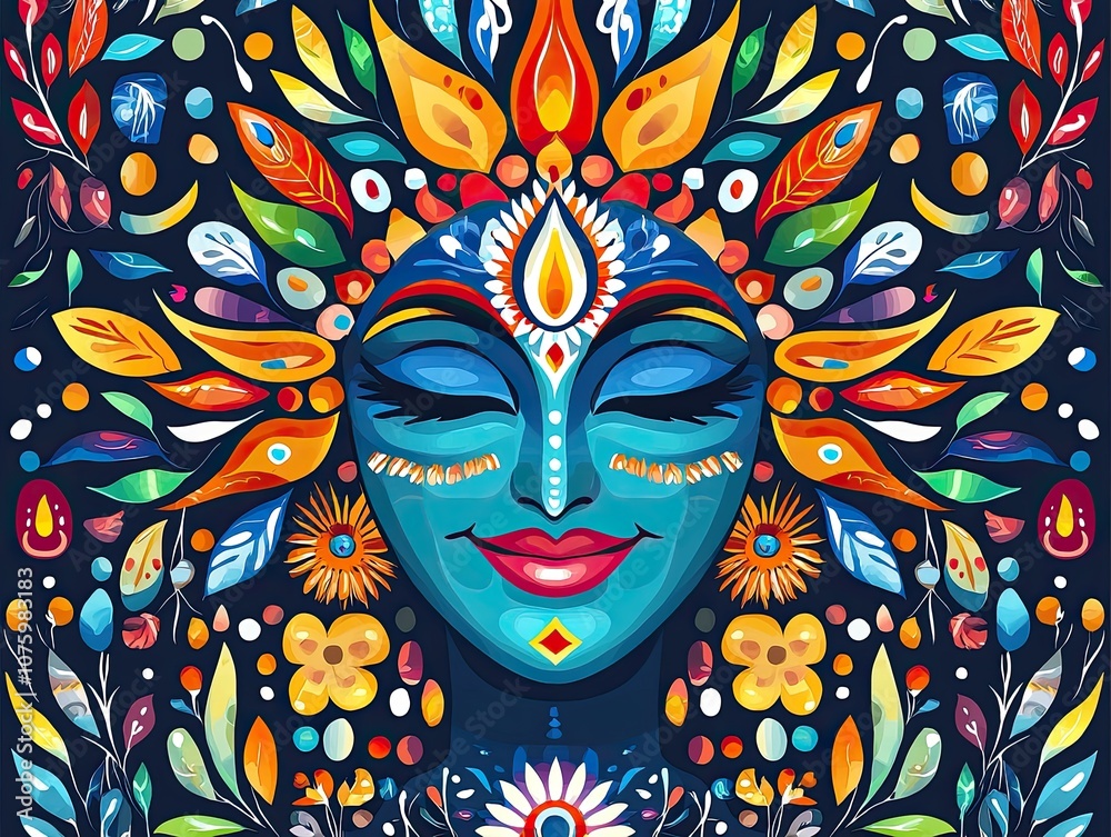 Colorful Artistic Representation of a Serene Face Surrounded by Nature Elements in a Vibrant, Decorative Style Ideal for Inspirational and Wellness Projects Colorful Artistic Representation of a Serene Face Surrounded by Nature Elements in a Vibrant, Decorative Style Ideal for Inspirational and Wellness Projects