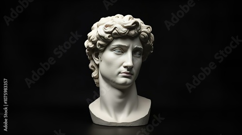 A close-up photograph of a classical white marble bust of a young man against a dramatic black background