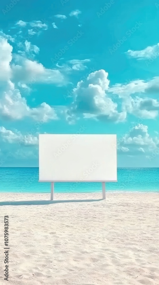 Blank white billboard on sandy beach with turquoise ocean and fluffy clouds under a stunning blue sky, perfect for travel promotions or advertising campaigns Blank white billboard on sandy beach with turquoise ocean and fluffy clouds under a stunning blue sky, perfect for travel promotions or advertising campaigns