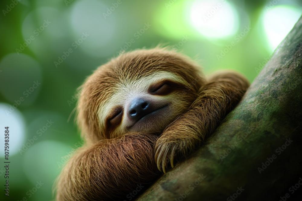 Fototapeta premium A cute sloth sleeping on a tree, with a soft, adorable face and plush fur, a close-up shot with a natural green background, soft lighting, and high-definition details.