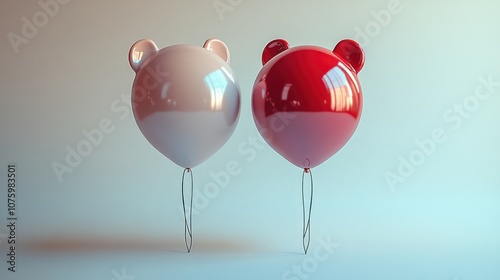 Two glossy balloons with bear ears, one white and one red, against a light blue background.