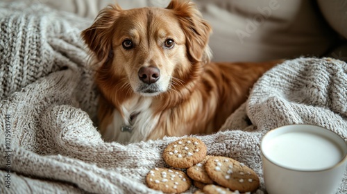 A dog sitting on a cozy blanket with Christmas cookies and milk nearby. photo