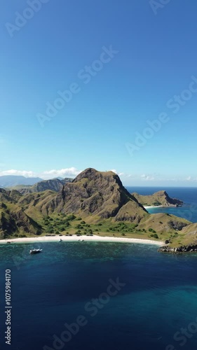 Drone shoot landscape of Pink Beach Island and its ocean in Labuan Bajo 