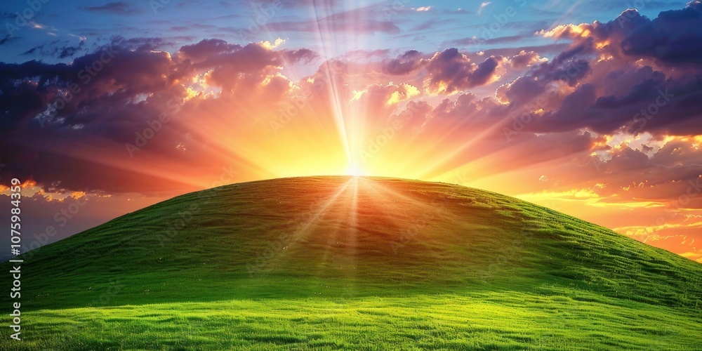 The sun sets dramatically behind a grassy hill, illuminating the landscape with warm light and casting long shadows across the ground. Generative AI The sun sets dramatically behind a grassy hill, illuminating the landscape with warm light and casting long shadows across the ground. Generative AI