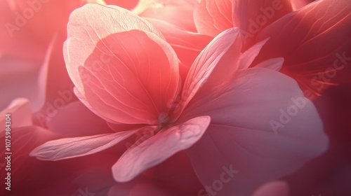 A close-up of a pink hydrangea flower, with its delicate petals softly illuminated by natural light