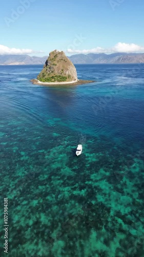 Drone shoot landscape the ocean of Pink Beach Island in Labuan Bajo