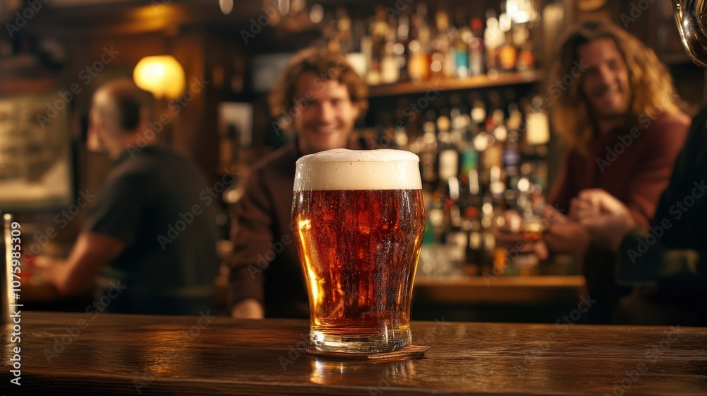 A frothy pint of beer being served on a wooden bar counter A frothy pint of beer being served on a wooden bar counter
