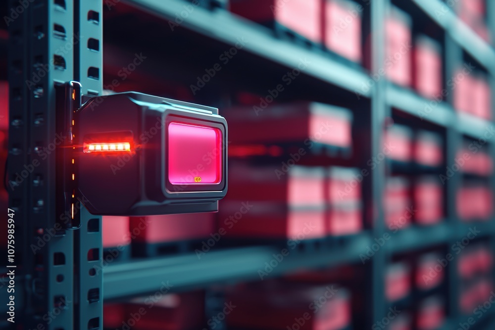 A futuristic storage facility featuring a high-tech sensor with a red light, mounted on shelves filled with neatly organized items.