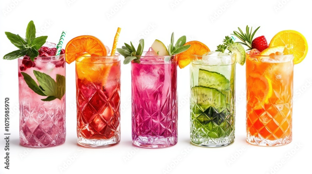 A row of colorful mocktails in vibrant glasses, each garnished with fresh fruit and herbs A row of colorful mocktails in vibrant glasses, each garnished with fresh fruit and herbs