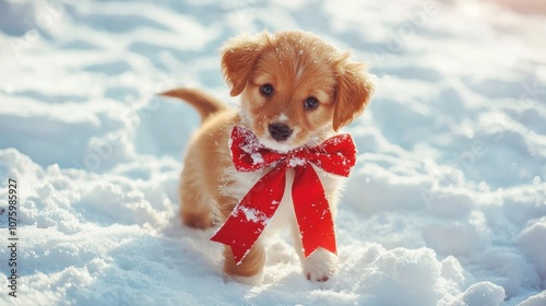 A cute puppy playing in the snow with a red Christmas bow around its neck. photo