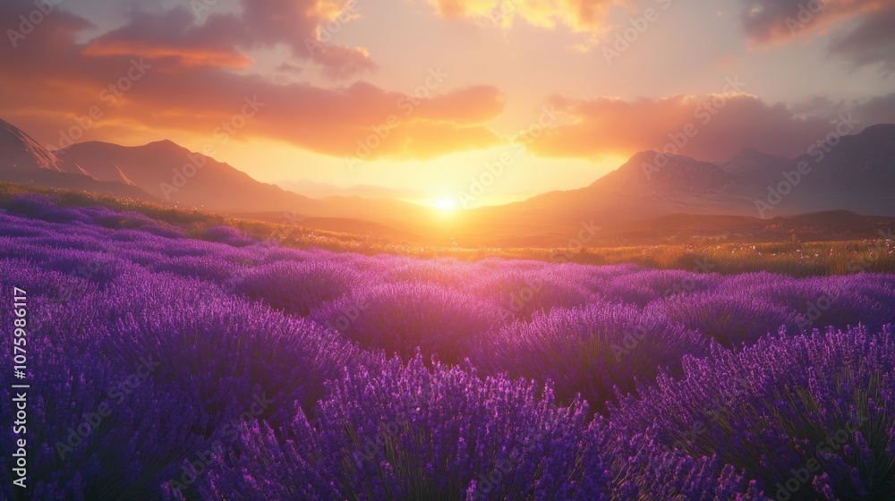 A serene sunset over a lavender field, with the purple flowers glowing in the golden light A serene sunset over a lavender field, with the purple flowers glowing in the golden light