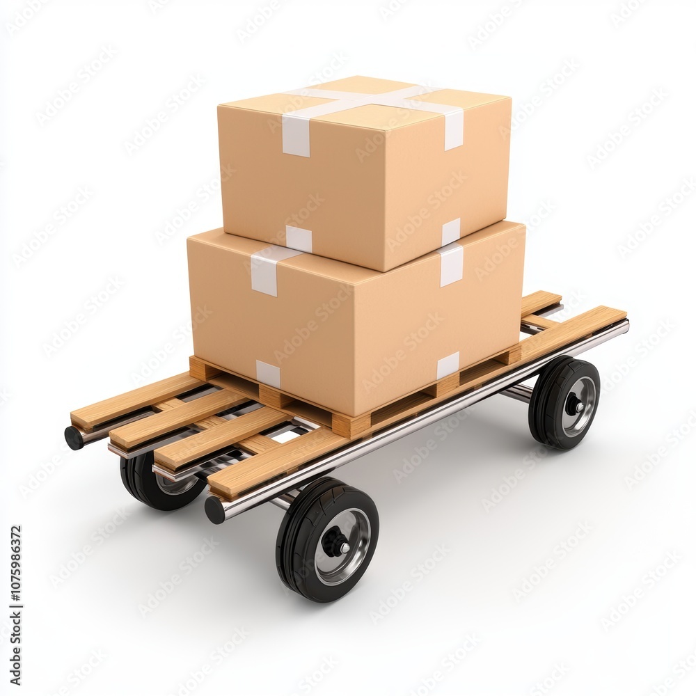 A dolly loaded with two cardboard boxes ready for transportation, isolated on a white background. A dolly loaded with two cardboard boxes ready for transportation, isolated on a white background.