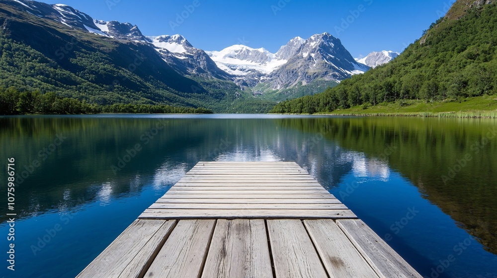 Serene Mountain Lake with Wooden Dock in Clear Water Serene Mountain Lake with Wooden Dock in Clear Water