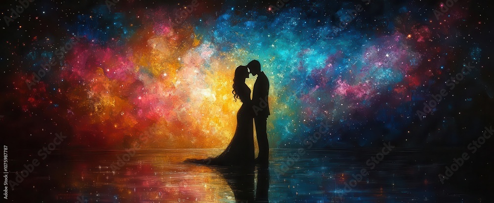 silhouettes of a couple against a cosmic backdrop filled with vibrant stars expressing love and connection in an abstract realm illuminating the spiritual and esoteric aspects of human existence silhouettes of a couple against a cosmic backdrop filled with vibrant stars expressing love and connection in an abstract realm illuminating the spiritual and esoteric aspects of human existence