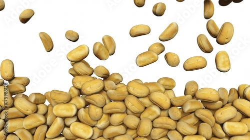 Full frame of falling fresh buns on white background. 3d rendering animation. Luma Matte included.