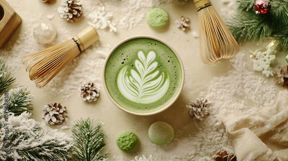 A flat lay of a cup of matcha latte with intricate latte art, surrounded by a bamboo whisk, matcha powder, and a winter-themed setting A flat lay of a cup of matcha latte with intricate latte art, surrounded by a bamboo whisk, matcha powder, and a winter-themed setting