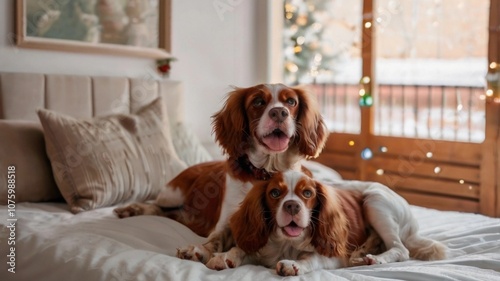 Two Adorable Red Spaniels Resting on a Bed Beside a Christmas Tree, Perfect for Holiday Cards and Festive Celebrations