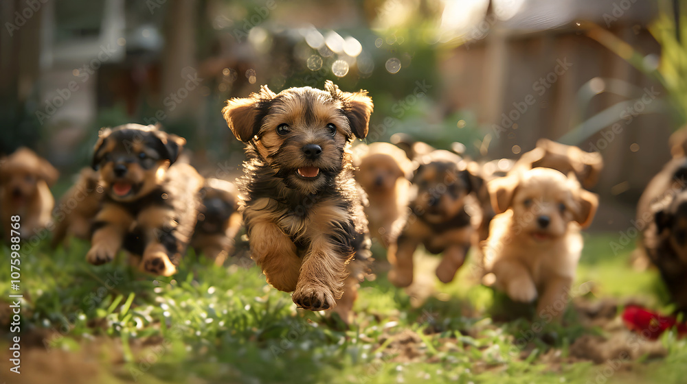 Playful Puppies Running in a Sunny Outdoor Setting Playful Puppies Running in a Sunny Outdoor Setting