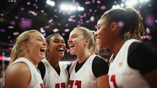 Joyful Celebration Amidst Confetti: Four Women's Basketball Players Enjoy a Moment of Triumph in a Brightly Lit Arena