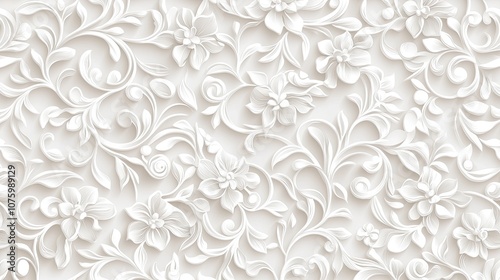 Elegant White Floral Relief Pattern with Curvy Vines and Detailed Flowers for Background Design in Soft and Subtle Aesthetic Style