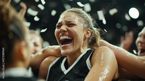 Celebrating Victory: Joyful Moments of Women's College Basketball Players in Action Amidst Confetti and Excitement in a Dramatic Sports Environment photo