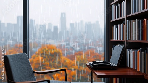 Cozy Indoor Study Environment with Bookshelf and Record Player Overlooking a Rainy Cityscape Beneath a Vitally Colorful Autumn Scene photo