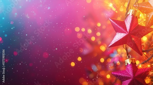 A vibrant Christmas banner with a gradient background, festive stars, and glowing lights. photo