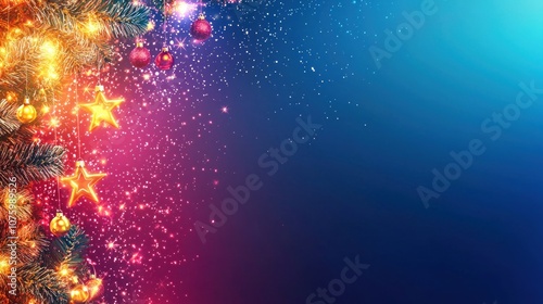 A vibrant Christmas banner with a gradient background, festive stars, and glowing lights. photo