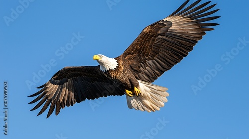 Majestic American Bald Eagle Soars Gracefully Through a Clear Blue Sky, Capturing the Spirit of Freedom and Natural Beauty in Stunning Detail