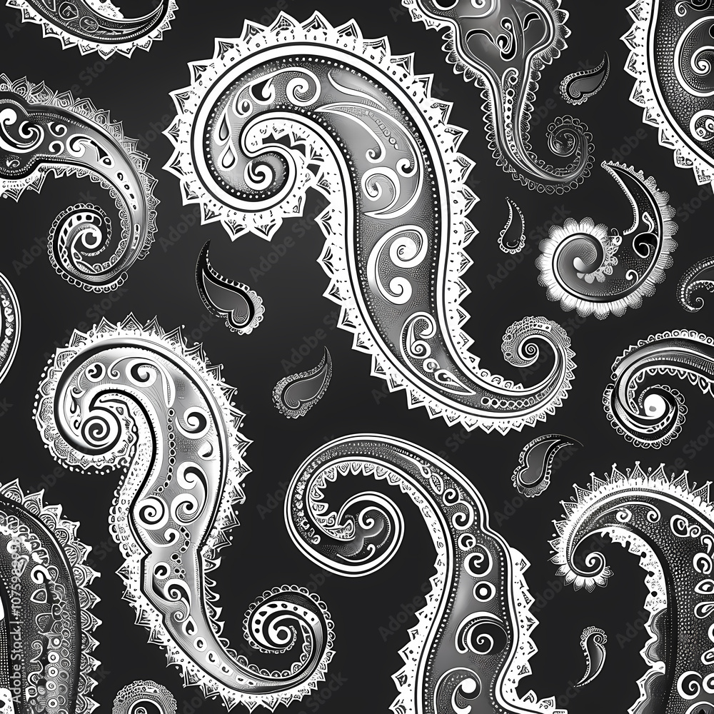 A beautifully intricate black and white paisley pattern featuring elegant swirls and curves, creating a sophisticated design. A beautifully intricate black and white paisley pattern featuring elegant swirls and curves, creating a sophisticated design.