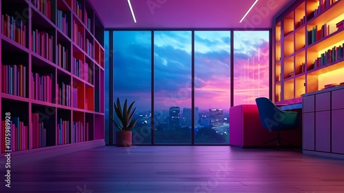 Aesthetic Indoor Study Space with Anime Influence Featuring Colorful Bookshelves, Modern Workspace, and Stunning Sunset View Beyond the Window photo